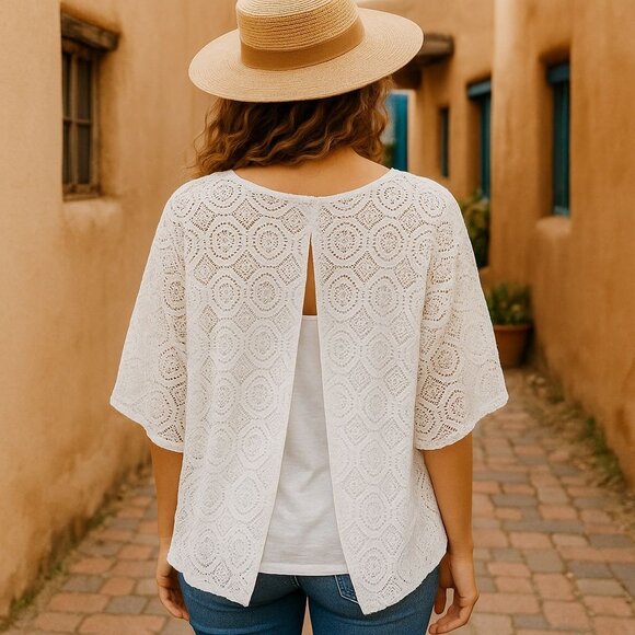 Ivy Ridge White Crochet Lace Blouse With Open Back Flutter Sleeves Boho Style LG - Picture 5 of 10